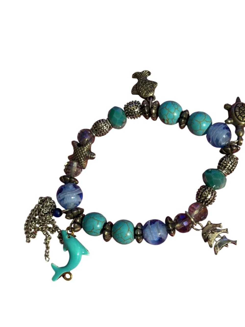 Ocean Themed Charm Stretch Bracelet Turquoise Enamel Glass Beads Dolphin Turtle - Picture 3 of 5